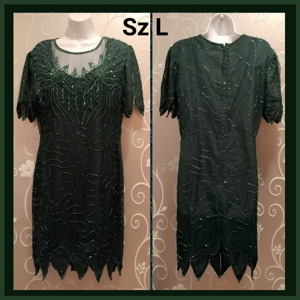 WOMENS SHEER DARK GREEN BEADED FORMAL DRESS SIZE L